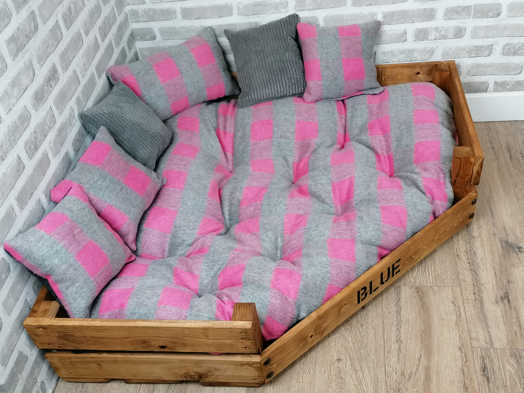Personalised Rustic Wooden Corner Dog Bed In Pink/Grey Wool Feel Fabric