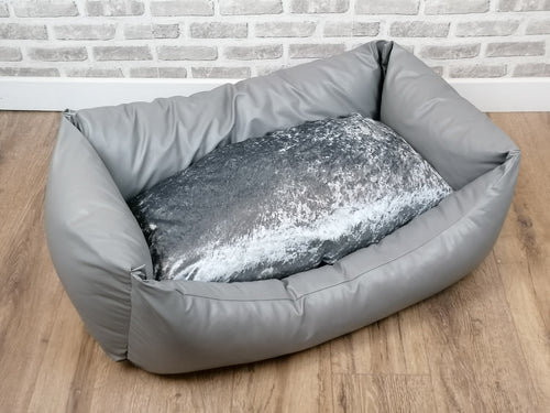 Washable Grey Faux Leather Dog Bed With Crushed Velvet Inner Cushion