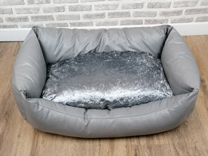 Washable Grey Faux Leather Dog Bed With Crushed Velvet Inner Cushion