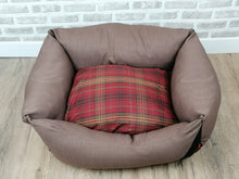 Load image into Gallery viewer, Small Brown/Red Tartan Dog Bed With Removable Inner Cushion