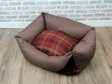 Load image into Gallery viewer, Small Brown/Red Tartan Dog Bed With Removable Inner Cushion