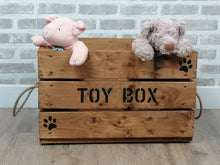Load image into Gallery viewer, Large Personalised Wooden Dog/ Cat Toy Box In Medium Oak Wood Stain