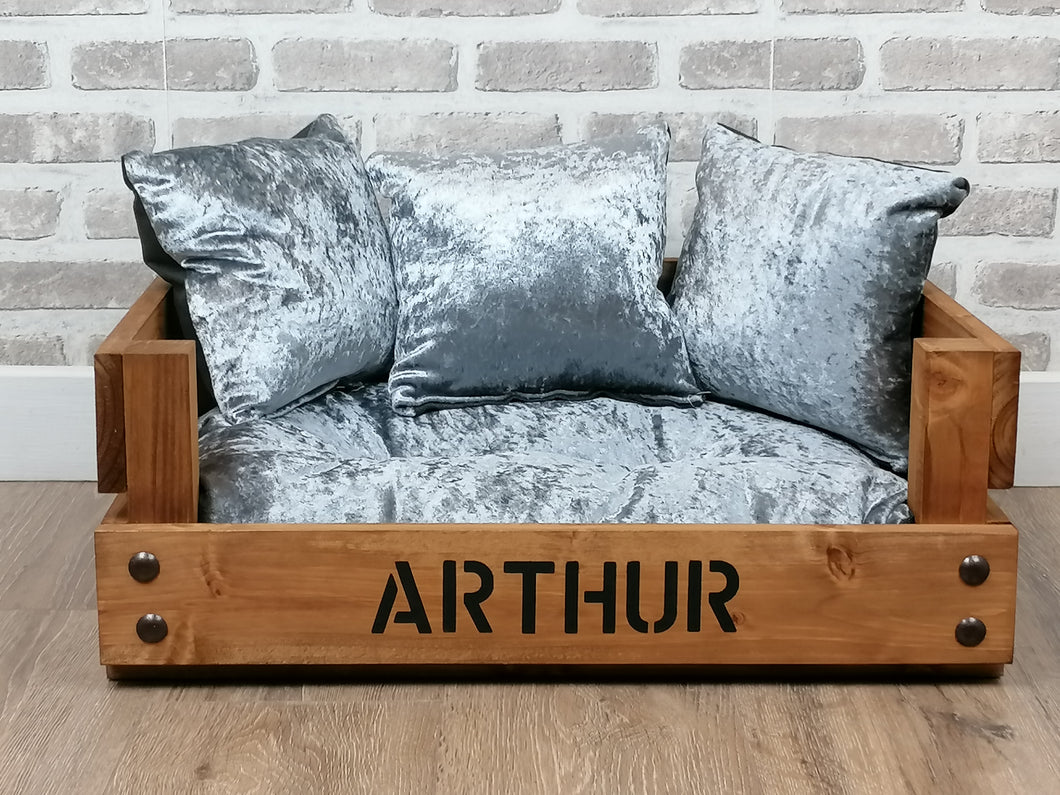 Personalised Rustic Wooden Dog Bed In Grey Crushed Velvet
