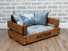 Load image into Gallery viewer, Personalised Rustic Wooden Dog Bed In Grey Crushed Velvet
