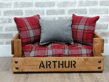 Load image into Gallery viewer, Personalised Rustic Wooden Dog Bed In medium oak wood Stain With Red Tartan Fabric