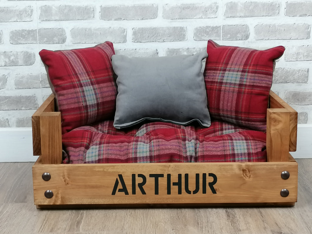 Personalised Rustic Wooden Dog Bed In medium oak wood Stain With Red Tartan Fabric