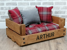 Load image into Gallery viewer, Personalised Rustic Wooden Dog Bed In medium oak wood Stain With Red Tartan Fabric