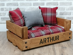 Personalised Rustic Wooden Dog Bed In medium oak wood Stain With Red Tartan Fabric