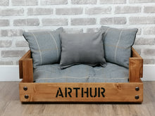 Load image into Gallery viewer, Personalised Rustic Wooden Dog Bed In Grey Check Fabric