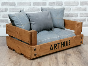Personalised Rustic Wooden Dog Bed In Grey Check Fabric