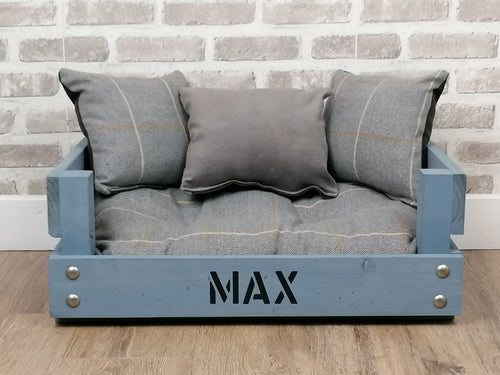 Personalised Rustic Grey Wooden Dog Bed In Grey Check Fabric