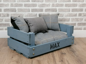 Personalised Rustic Grey Wooden Dog Bed In Grey Check Fabric