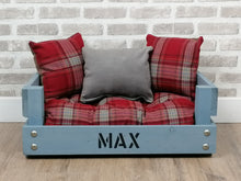 Load image into Gallery viewer, Personalised Rustic Grey Wooden Dog Bed In Red Tartan Fabric