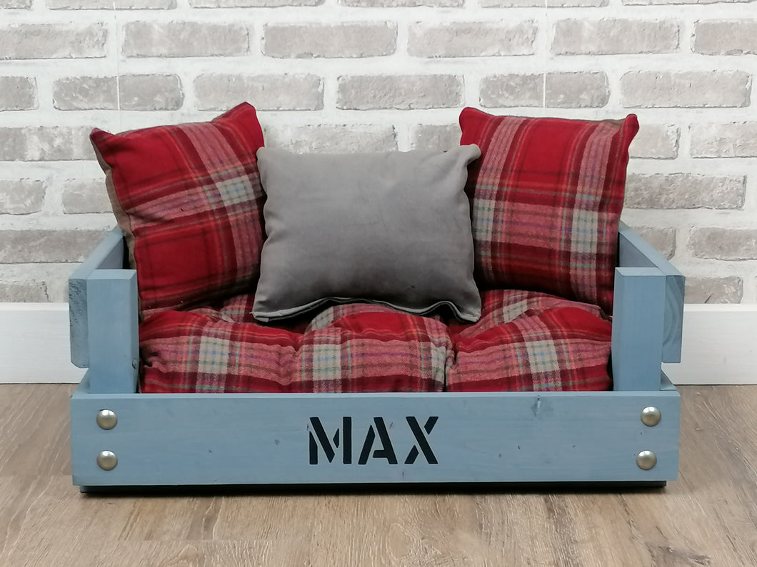 Personalised Rustic Grey Wooden Dog Bed In Red Tartan Fabric