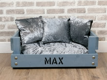 Load image into Gallery viewer, Personalised Rustic Grey Wooden Dog Bed In Grey Crushed Velvet