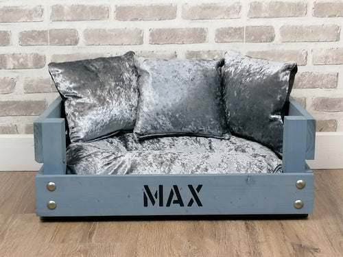 Personalised Rustic Grey Wooden Dog Bed In Grey Crushed Velvet