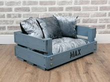 Load image into Gallery viewer, Personalised Rustic Grey Wooden Dog Bed In Grey Crushed Velvet