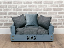 Load image into Gallery viewer, Personalised Rustic Grey Wooden Dog Bed In Grey Pinstripe Fabric