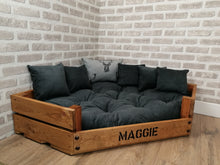 Load image into Gallery viewer, Personalised Rustic Wooden Corner Dog Bed In Grey Cord With Matching Cushions