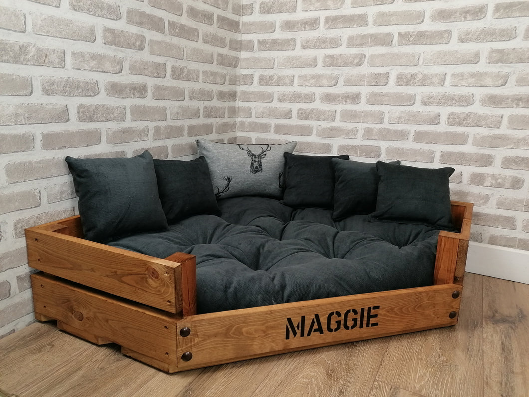 Personalised Rustic Wooden Corner Dog Bed In Grey Cord With Matching Cushions