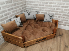 Load image into Gallery viewer, Personalised Rustic Wooden Corner Dog Bed In Tan Cord With Matching Cushions