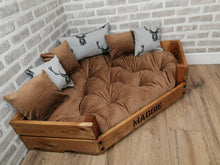 Load image into Gallery viewer, Personalised Rustic Wooden Corner Dog Bed In Tan Cord With Matching Cushions