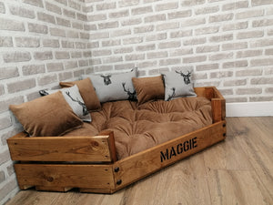 Personalised Rustic Wooden Corner Dog Bed In Tan Cord With Matching Cushions