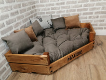 Load image into Gallery viewer, Personalised Rustic Wooden Corner Dog Bed In Brown Cord / Stag Fabric