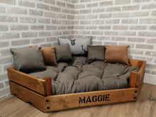 Load image into Gallery viewer, Personalised Rustic Wooden Corner Dog Bed In Brown Cord / Stag Fabric