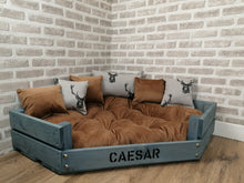 Load image into Gallery viewer, Personalised Grey Corner Wooden Dog Bed In Tan Cord With Matching Cushions