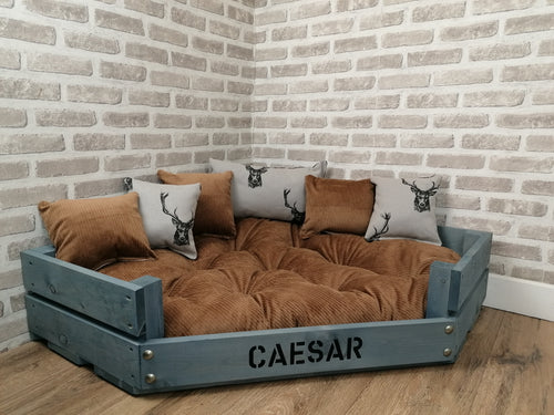 Personalised Grey Corner Wooden Dog Bed In Tan Cord With Matching Cushions