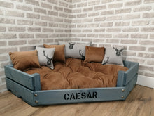 Load image into Gallery viewer, Personalised Grey Corner Wooden Dog Bed In Tan Cord With Matching Cushions