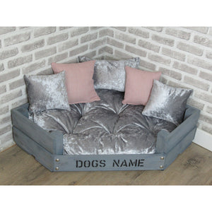 Personalised Grey Corner Wooden Dog Bed In Grey/Pink Fabric