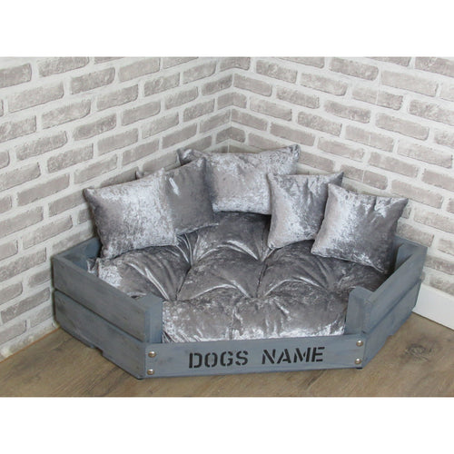 Personalised Grey Corner Wooden Dog Bed In Grey Crushed Velvet