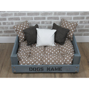 Personalised Rustic Grey Wooden Dog Bed In Brown Polka Dot Fabric