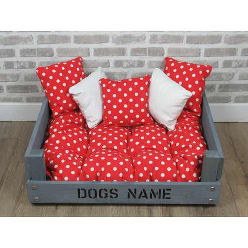 Personalised Rustic Grey Wooden Dog Bed In Red Polka Dot Fabric