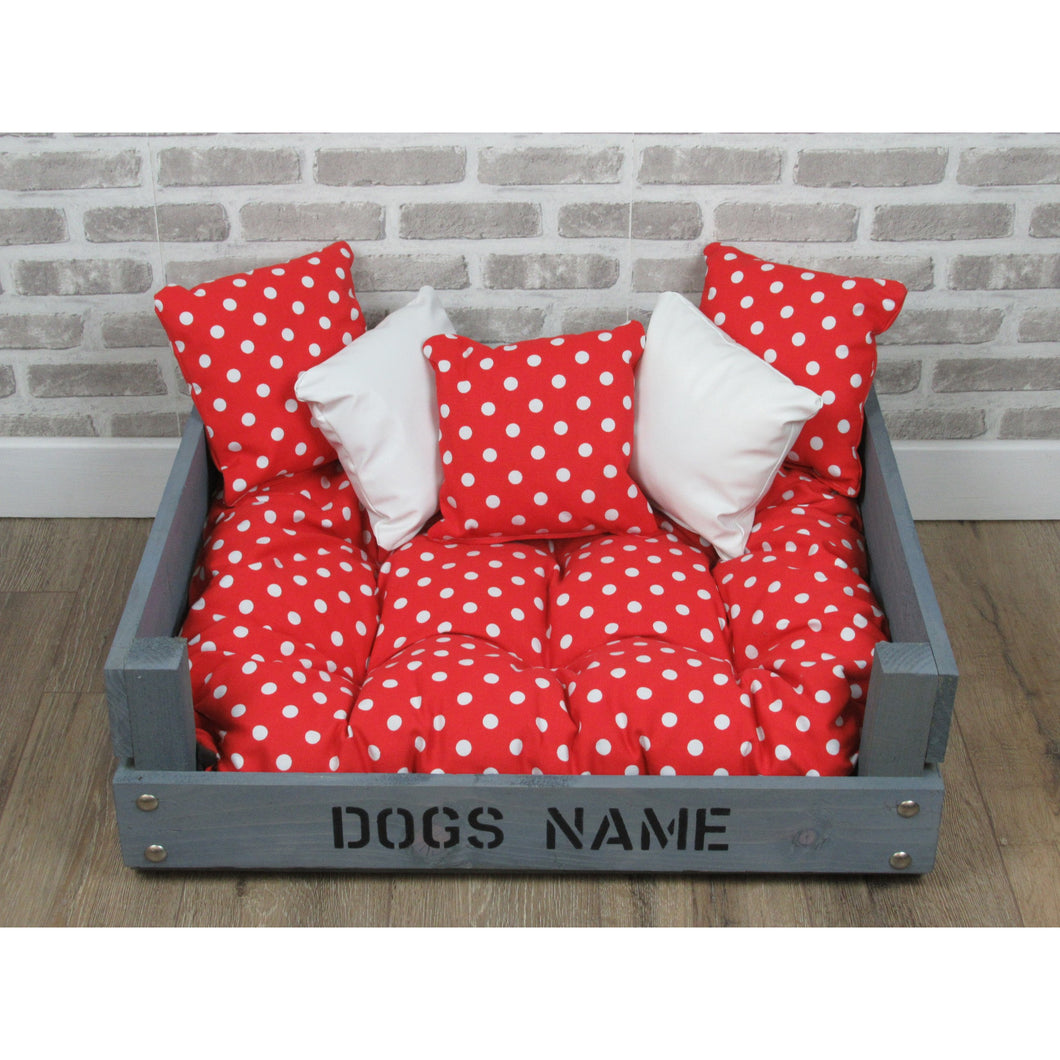 Personalised Rustic Grey Wooden Dog Bed In Red Polka Dot Fabric