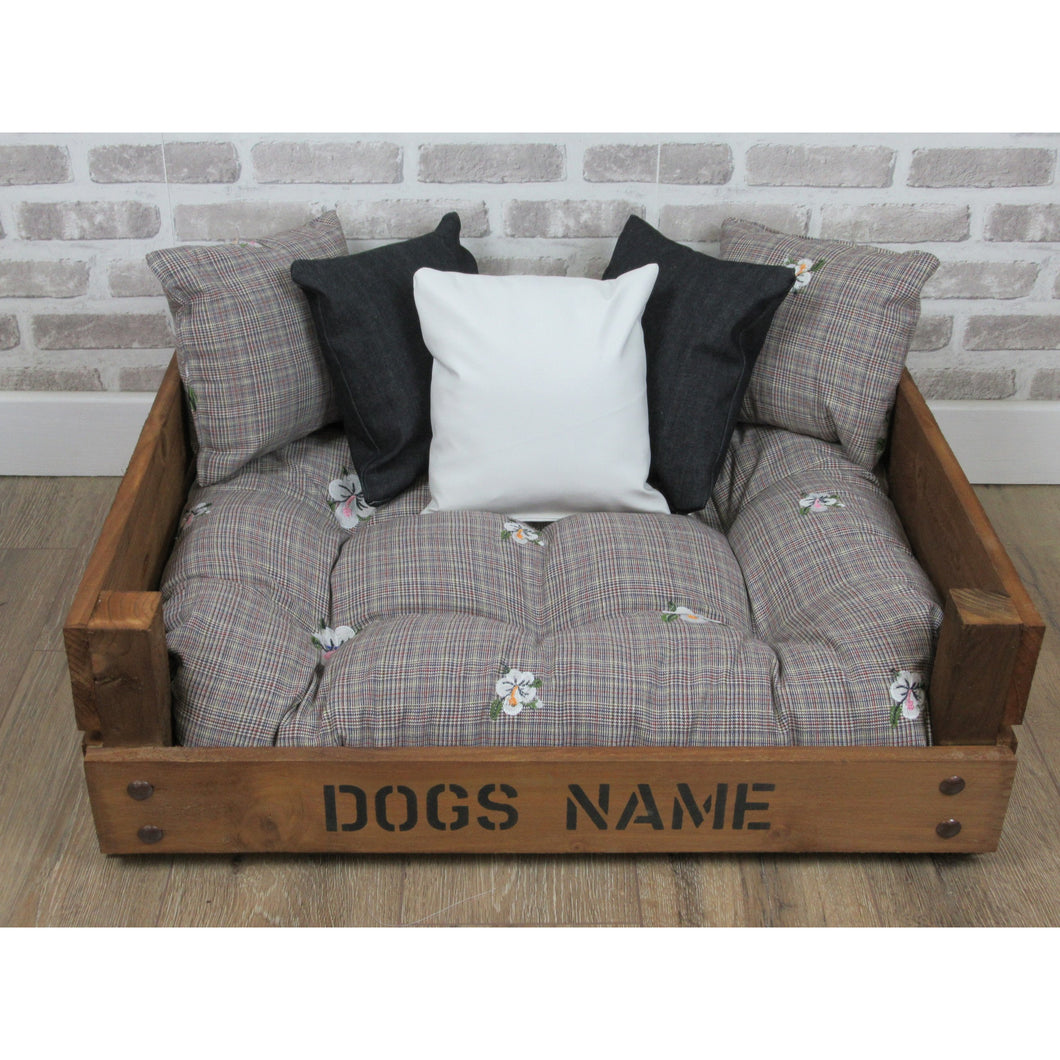 Personalised Rustic Wooden Dog Bed In Ditsy Print Fabric