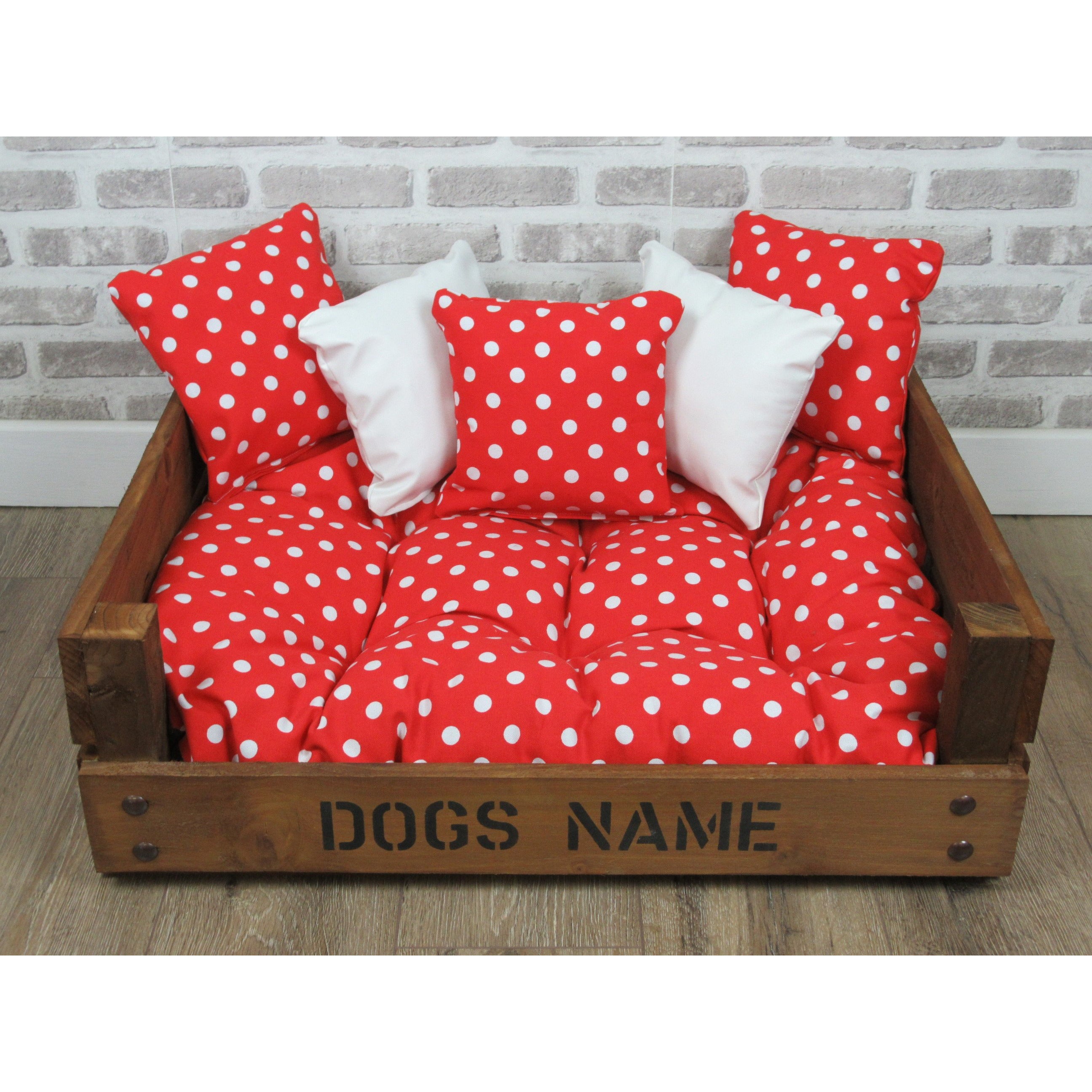 Personalised Rustic Wooden Dog Bed In Red Polka Dot Fabric Fluffsters
