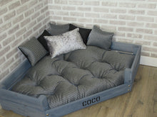 Load image into Gallery viewer, Personalised Grey Corner Wooden Dog Bed In Grey/Silver/Black Fabric