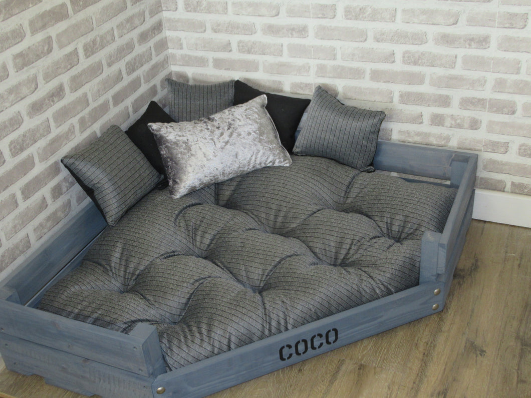 Personalised Grey Corner Wooden Dog Bed In Grey/Silver/Black Fabric