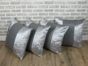 22" Grey Leather & Crush Velvet Cushion Covers With Inserts -Set of 4