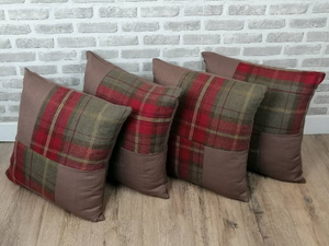 22" Red Check Wool Feel Patchwork Cushion Covers With Inserts -Set of 4