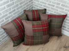 Load image into Gallery viewer, 22&quot; Red Check Wool Feel Patchwork Cushion Covers With Inserts -Set of 4