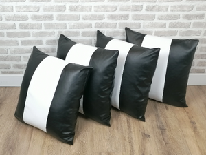 22" Black/White Panelled Faux Leather Cushion Covers With Inserts -Set of 4