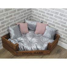 Load image into Gallery viewer, Personalised Rustic Wooden Corner Dog Bed In Grey Crushed Velvet With Dusky Pink Cushions
