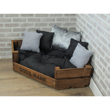 Load image into Gallery viewer, Personalised Rustic Wooden Corner Dog Bed In Dark Blue Denim With Grey Cushions