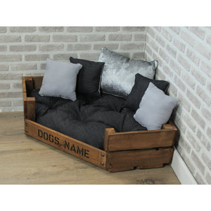 Personalised Rustic Wooden Corner Dog Bed In Dark Blue Denim With Grey Cushions