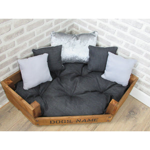 Personalised Rustic Wooden Corner Dog Bed In Dark Blue Denim With Grey Cushions