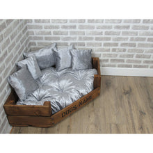 Load image into Gallery viewer, Personalised Rustic Wooden Corner Dog Bed In Grey Crushed Velvet With Matching Cushions
